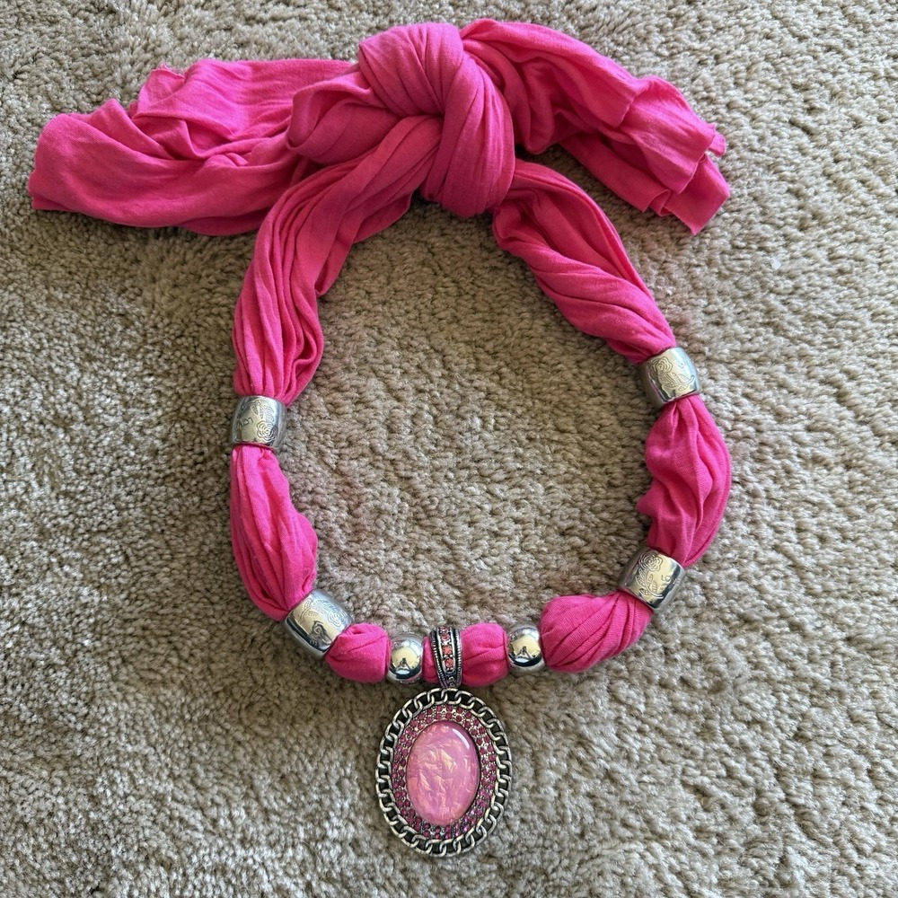 Boho Hot Pink Jersey Fabric Scarf Necklace Silver Rhinestone Oval Stone Pendant